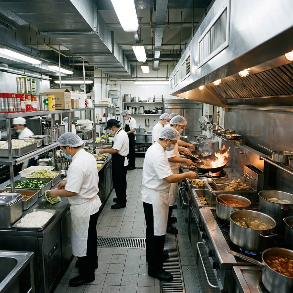 Hotel staff canteen kitchen ESP system — large institutional kitchen with commercial wok burners and compact modular ESP for basement exhaust purification