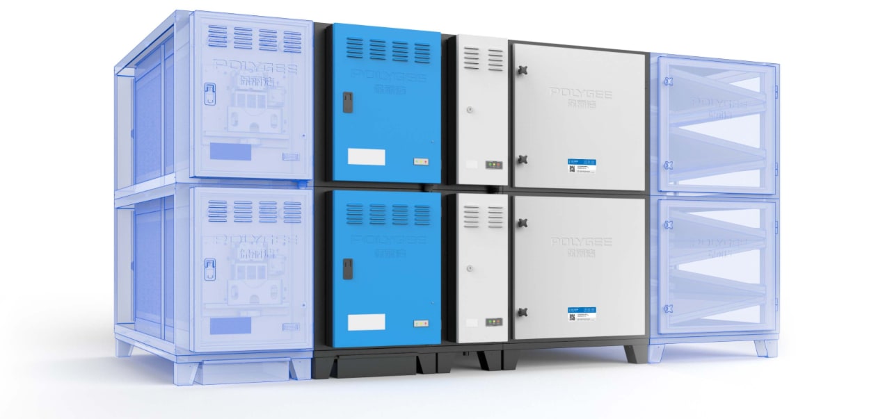LK-E modular combination diagram - single unit, multi-layer stacking, and ESP + UV + CB configurations